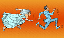 The Groom Runs Away From The Bride. A Comical Chase. Wedding