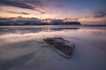 Wall Mural - beach on lofoten islands, norway. beach and clouds during sunset. evening time. winter landscape nea
