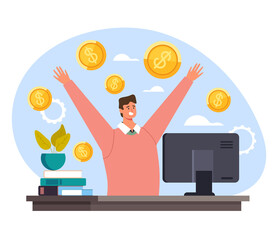 Wall Mural - Businessman office worker manager win money. Internet online casino lottery game concept vector flat cartoon graphic design illustration