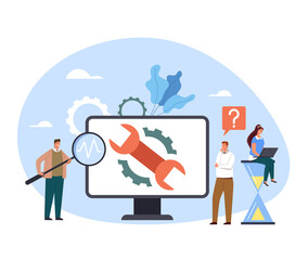 Wall Mural - computer laptop pc support diagnostic service help fix repair concept. vector flat cartoon graphic d