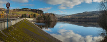 Panoramic View Of Zapora Wisla Czarne, Water Dam In Poland Close To City Of Wisla, With Big Accumulation Lake Behind The Dam In Late Autumn.