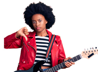 Poster - Young african american woman playing electric guitar with angry face, negative sign showing dislike with thumbs down, rejection concept