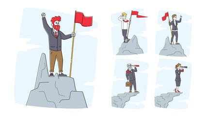 Set of Business Characters with Flag and Spyglass on Top of Mountain Peak. Successful Businessmen or Women on Rock