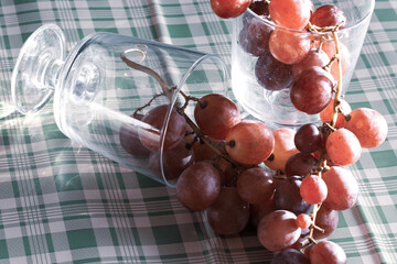 Red grapes, large bunch of fruits, fresh and tasty simple food in cold autumns colors on a blue background in a simple composition