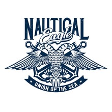 Tshirt Print With Two Headed Eagle And Anchors, Nautical Vector Mascot For Apparel Design. T Shirt Template With Typography Union Of The Sea. Grunge Print, Isolated Emblem Or Label On White Background