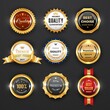 Gold badges and labels, business vector design. Premium quality guarantee certificate, best choice product and seller award, 3d stamps, medals and ribbon rosettes with golden royal crowns, trophy cups