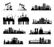 © Vector Tradition - Oil and gas industry vector silhouettes. Petroleum refinery factories, drilling rigs, energy plants and derrick pumps, oil offshore platforms and pumpjacks with pipes, towers and cranes