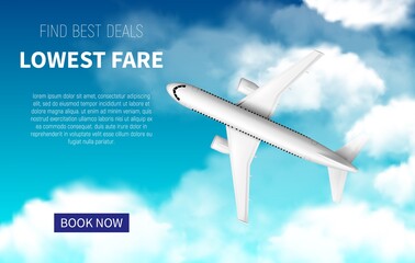 Sticker - Lowest fare vector poster, cheap flight business promotion with realistic 3d airplane. Book now online travel service. Airline promo internet offer, tickets sale. White plane flying in blue cloudy sky