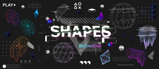 Wall Mural - 3D shapes and trendy universal elements with glitch, bag and liquid effects. Retrofuturism shapes collection in memphis and vaporwave style. Glitch objects, design elements. Cyberpunk neon vector set