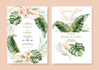 Watercolor vector set wedding invitation card template design with tropical leaves frame and bouquet. Illustration for cards, save the date, greeting, design, etc.