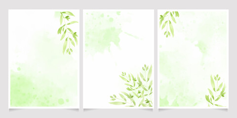 Wall Mural - watercolor green leaves on splash background wedding or birthday invitation card template collection