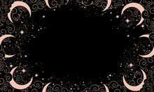 Magical Black Background With Moon And Crescent Moon, Place For Text. Banner With Stars, Cosmic Pattern For Boho Design, Astrology. Doodle Vector Illustration.