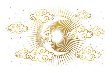 Wall Mural - Magic banner for astrology, tarot, boho design. Universe, crescent moon with face and clouds on white isolated background. Esoteric vector illustration, pattern.