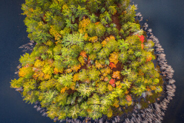 Wall Mural - beautiful travel autumn background aerial look down photograph of a portion of an island in a lake i