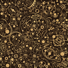 Abstract seamless pattern. Golden glitter on brown fabric texture. Symbols, cosmos. (pattern: sp06a)