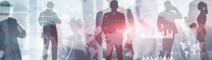 Wall Mural - financial dashboard with business intelligence. background silhouettes and city.