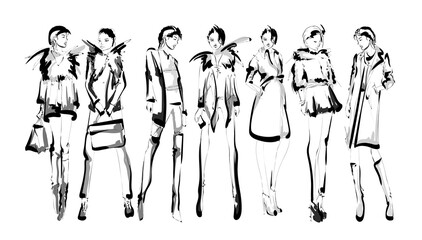 Wall Mural - Beautiful young women in modern style.. Hand drawn stylish woman portrait. Fashion lady. Autumn outfit. Sketch set. Fashion model posing in coat. Hand drawn fashion woman.