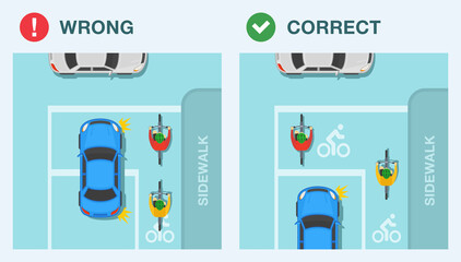 Wall Mural - Driving a car. Advanced stop lines rule. Do not encroach on the cyclists waiting area. Top view of a sedan car and cyclists on a bicycle. Flat vector illustration template.