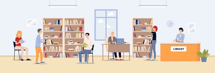 Inside furnishing of library with reading people, flat vector illustration.