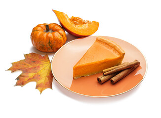 Composition with slice of tasty pumpkin pie on white background