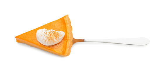 Slice of tasty pumpkin pie on white background