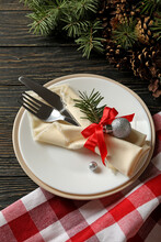 Concept Of New Year Table Setting With Spruce Branches On Wooden Background