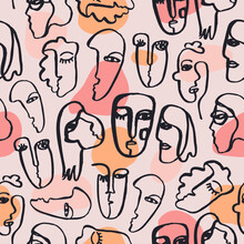 Vector Hand Dawn Faces Seamless Pattern. Ink Painted Abstract Cubism People Background, Doodle, Sketch, Art Poster. Modern Abstract Faces