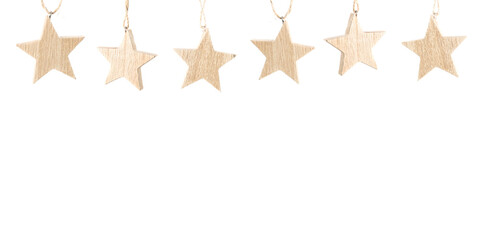 wooden stars christmas decoration hanging on white background