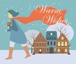 winter landscape with houses and trees. Warm wishes New year greeting card