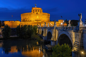 Wall Mural - City of Rome by night in Italy, Castel Sant Angelo - ancient Mausoleum of Hadrian and St Angelo Bridge on Tiber River