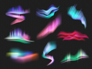 Wall Mural - northern light effects. beauty weather space gradient in sky lighting night aurora vector set. north
