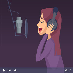 Sticker - Live music stream. Blogger singer, video digital content. Web influencer entertainment person, woman singing vector illustration. Music online performance with microphone sing