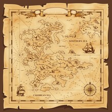 Old Map, Vector Worn Parchment With Caribbean And Southern Sea, Ships, Islands And Land, Wind Rose And Cardinal Points. Fantasy World, Vintage Grunge Paper Pirate Map With Travel Locations And Monster