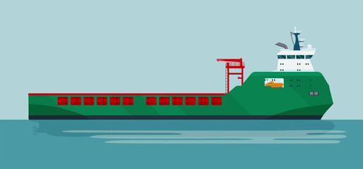 Wall Mural - Modern dry cargo ship in sea. Vector flat style illustration.