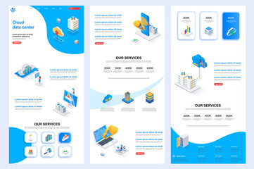 Cloud data center isometric landing page. Database storage, online computing resources corporate website design template. Web banner with header, middle content, footer. Isometry vector illustration.