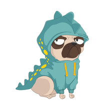 Cute Pug Dog Wearing Funny Dinosaurs Costume. Vector Hand Drawn Cartoons Illustration. Isolated On White Background. Best For Print, Textile And Web Design.