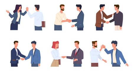 Handshaking people. Greeting male and female characters polite and friendly gestures, men and woman respect and high five, partnership and business etiquette vector flat cartoon set