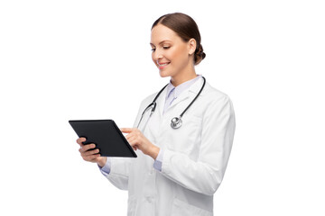 Poster - medicine, profession and healthcare concept - happy smiling female doctor in white coat with tablet pc computer and stethoscope