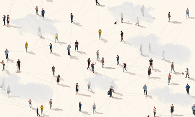 Aerial view of crowd people connected by lines, social media and communication concept. Top view of men and women isolated on white background with shadows. Staying online, internet, technologies.