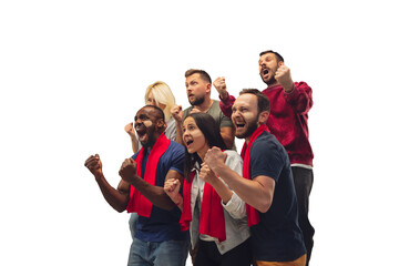 Goal. Multiethnic soccer fans cheering for favourite team with bright emotions isolated on white background. Beautiful caucasian women look excited, supporting. Concept of sport, fun, support.