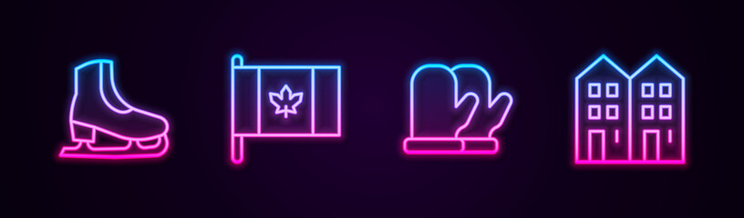 Sticker - Set line Skates, Flag of Canada, Christmas mitten and House. Glowing neon icon. Vector.