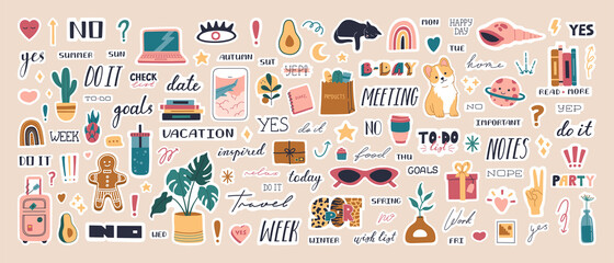 Big collection of trendy planner stickers for diaries and to do list. Cute weekly pictures and lettering, modern scheduler and organizer motivation quote. Colored vector flat cartoon illustration