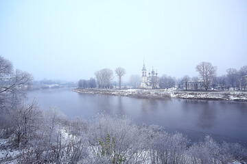 Wall Mural - winter landscape church on the banks of the freezing river in vologda, christianity baptism russia christmas