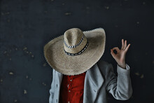 Man In A Hat With Straw Brim, Hides His Face, Incognito Guy, Abstract Country Music Style America West