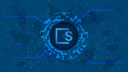 Wall Mural - skale skl token symbol in a digital circle on polygonal blue background. cryptocurrency coin icon. d