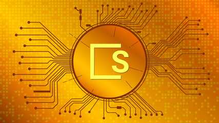 Wall Mural - skale cryptocurrency token symbol, skl coin icon in circle with pcb on gold background. vector illus