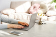 Work from home concept. Cropped shot of woman's hands typing on laptop. Female freelancer working at her living room. Close up, copy space for text.