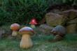 Beautiful landscape design with artificial figurines in the form of mushrooms.