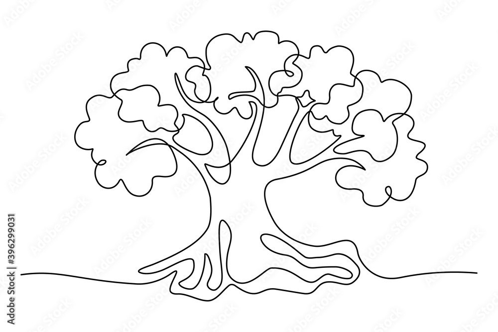 Tree in continuous line art drawing style. Old tree with thick trunk and huge roots black linear design isolated on white background. Vector illustration