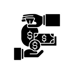 Sticker - Payroll black glyph icon. Finances management, money exchange, cash flow silhouette symbol on white space. Banking services, deposit investment, profitable loan. Vector isolated illustration